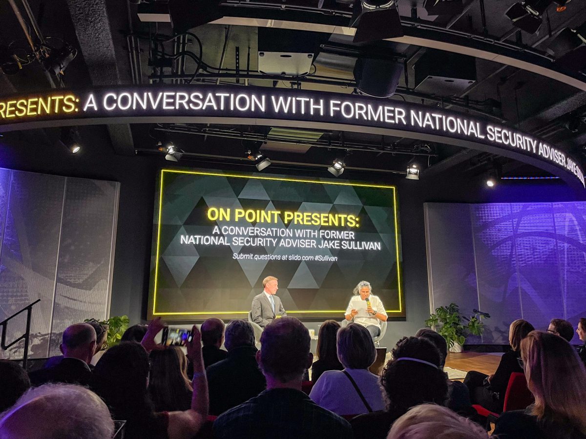 Jake Sullivan and host Meghna Chakrabarti. The former National Security Advisor spoke about current affairs with other world powers; the conversation was interrupted by protesters in the audience who criticized Sullivan’s actions while in office. 