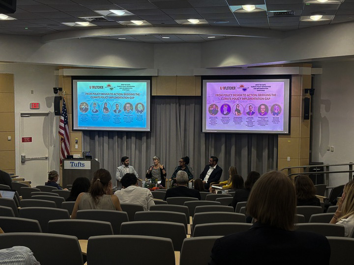“From Policy Design to Action” panel speakers from left to right: Gustavo Ferreira, Samantha Gross, Lebogang Mulaisi, Lukas Sokol and Benjamin Sovacool via Zoom.