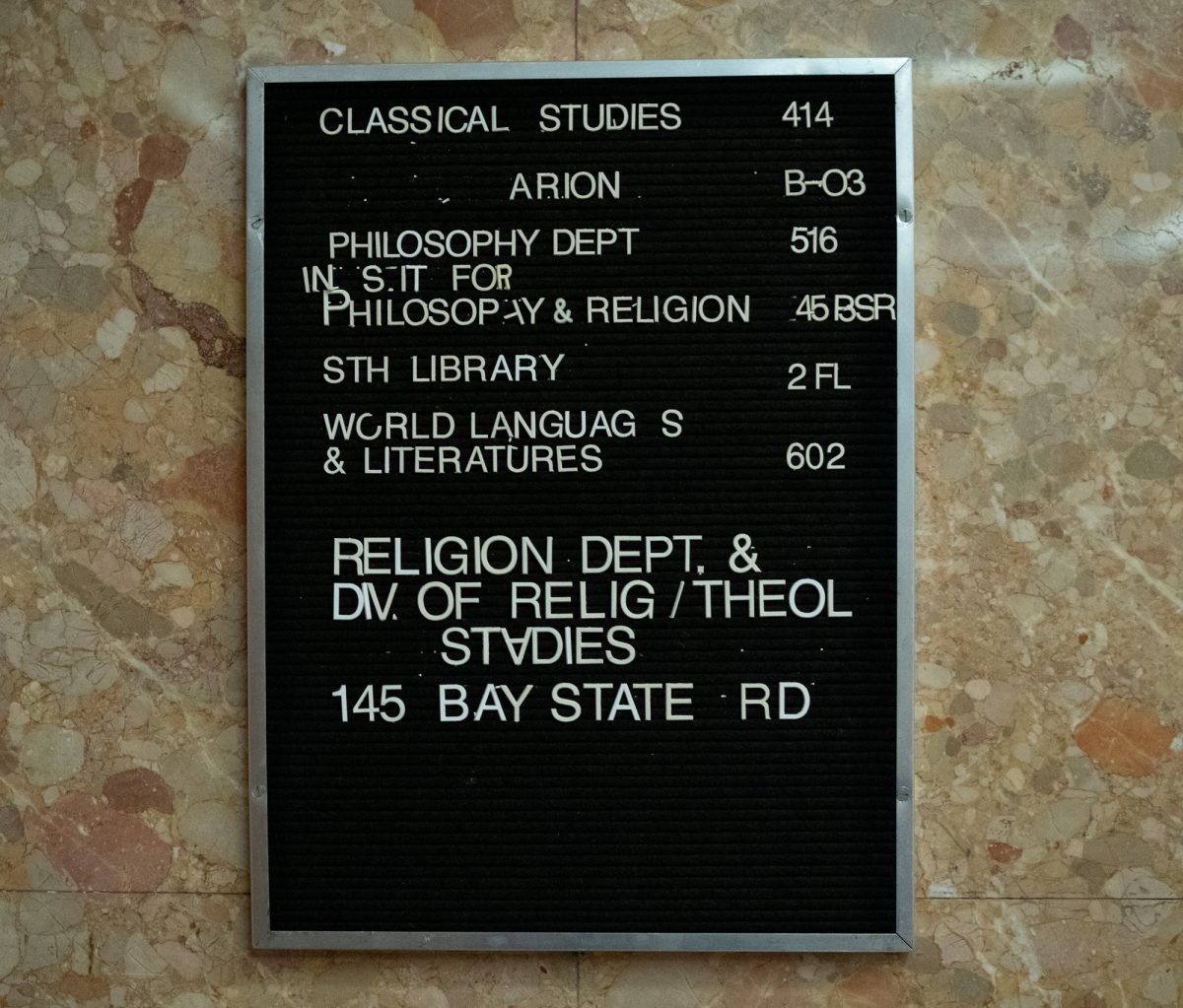 Signage in the Boston University School of Theology with details for Philosophy and Religion Department. The Department of Philosophy recently hosted a talk with associate Professor Viktor Kumar on America’s political divide. 
