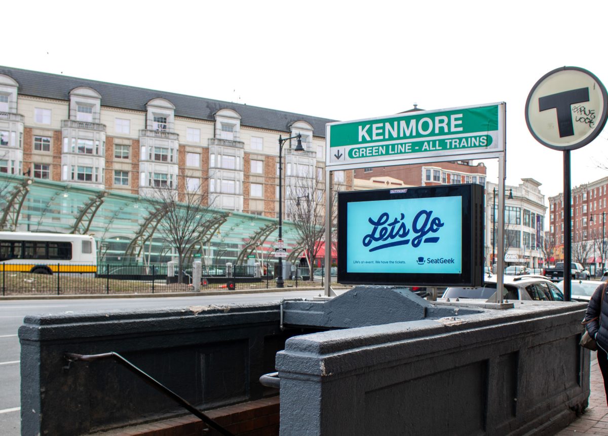 The Kenmore station entrance on Commonwealth Avenue near Boston University. Two men were reportedly assaulted in Kenmore Square by individuals saying antisemitic slurs on Sunday. DFP FILE 
