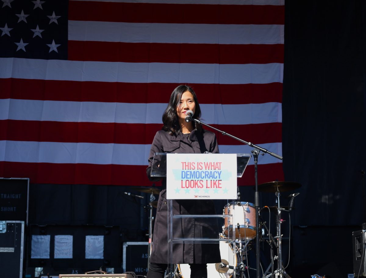 Mayor Michelle Wu delivers a speech at the Boston No Kings protest Oct. 18. Wu is currently running unopposed for Boston’s next mayoral election after Josh Kraft dropped out of the race.