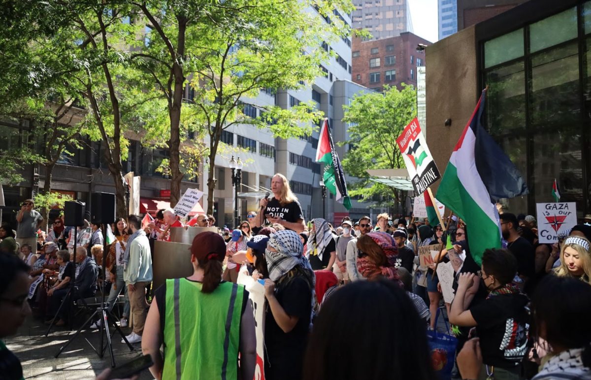 Eli Gerzon of Jewish Voice for Peace and the Democratic Socialists of America speaks to protestors outside the Israeli consulate in Boston on October 5th, 2025. 