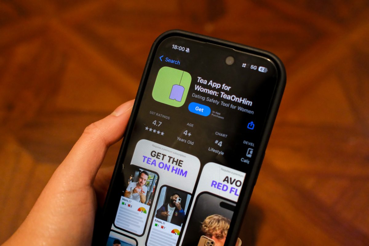 A student checks out Tea Dating Advice, an app created for women to share their experiences with specific men to vet out potential partners. The IOS App Store recently removed Tea  following a data breach that exposed the shared images and direct messages of its users.