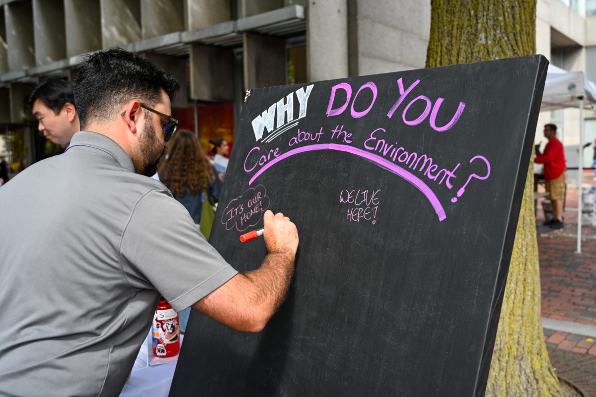 A chalkboard at the Boston University Sustainability Festival where attendees can list the reasons they love the environment. The health of the ozone layer, one of the biggest indicators of global climate change, has steadily been improving, but many BU-based environmentalists have been advocating to continue the fight. 