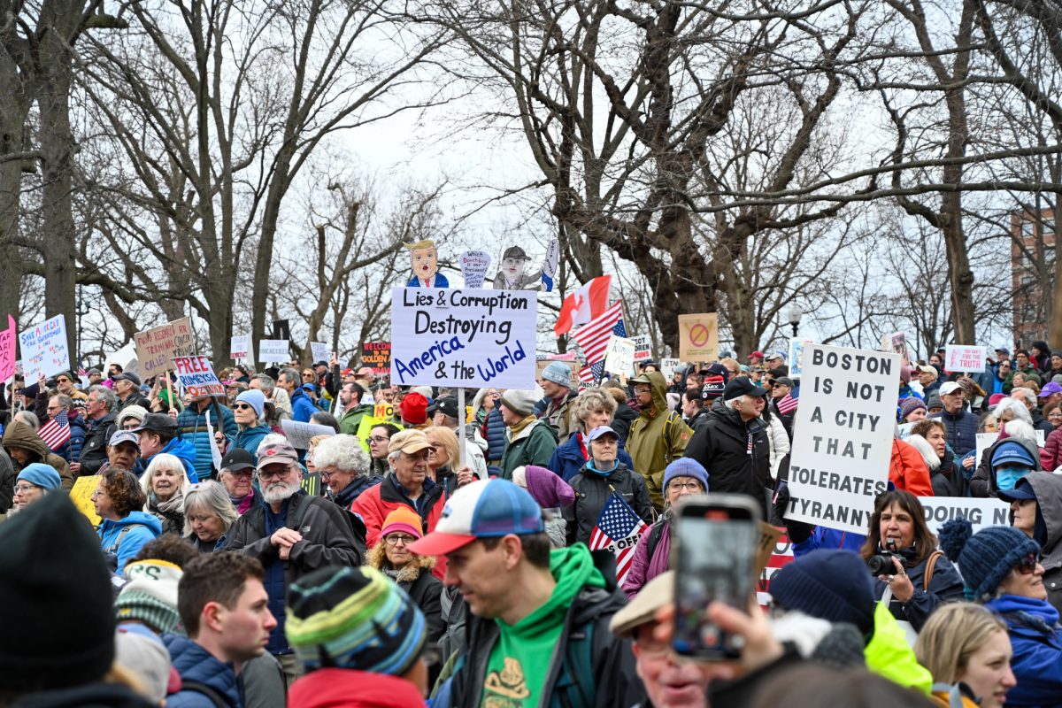 Crowd from the Boston “Hands Off” protest April 5, where participants came together to rally against the Trump administration. A Boston federal judge upheld the First Amendment rights of noncitizen protestors in a lawsuit that countered what it called “ideological deportations” by the Trump administration. DFP FILE