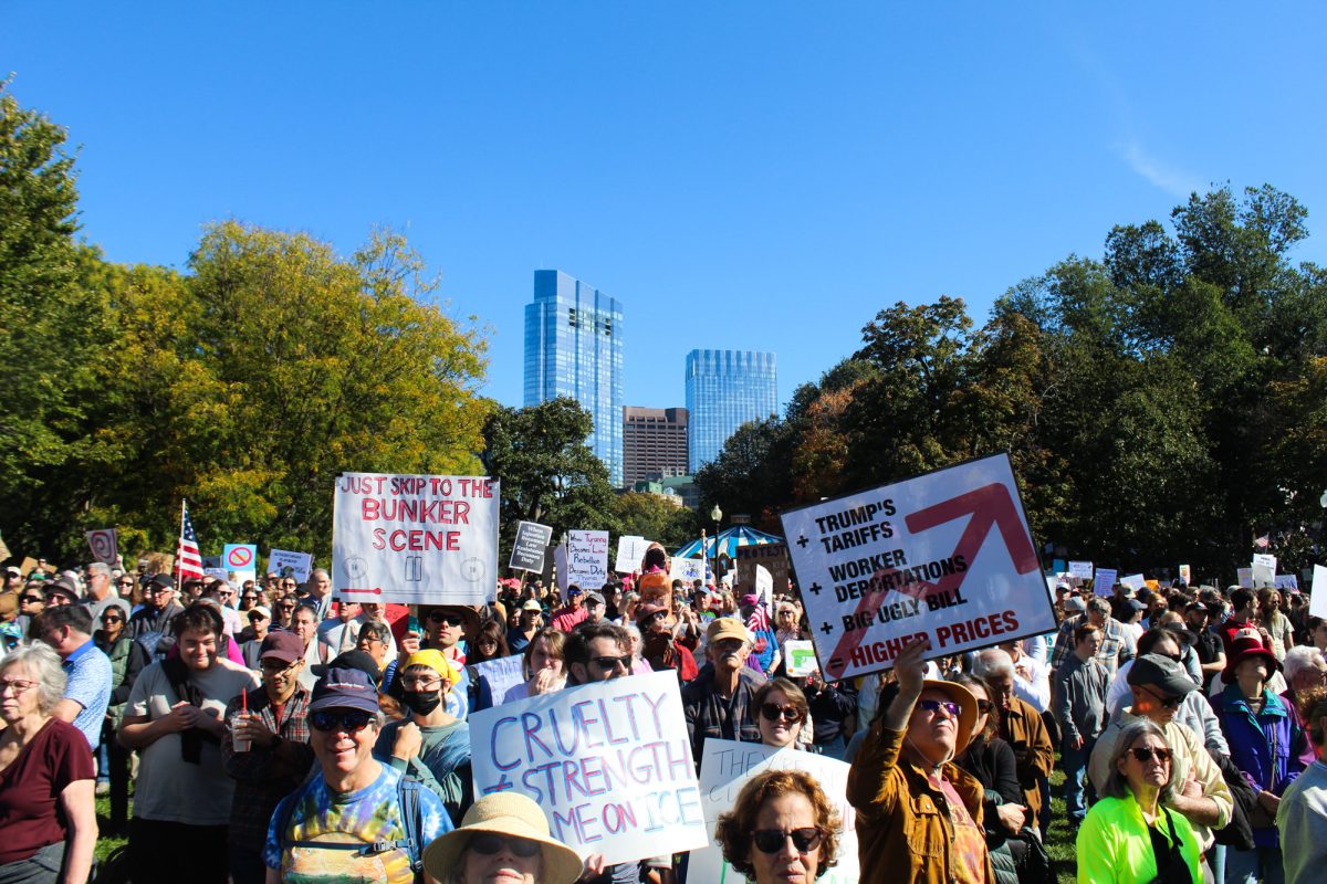 Crowds at the Boston Common for the ‘No Kings’ rally on Saturday. The event was part of a nationwide demonstration against the Trump administration and hosted speakers such as politicians and representatives from nonprofits and advocacy groups. 