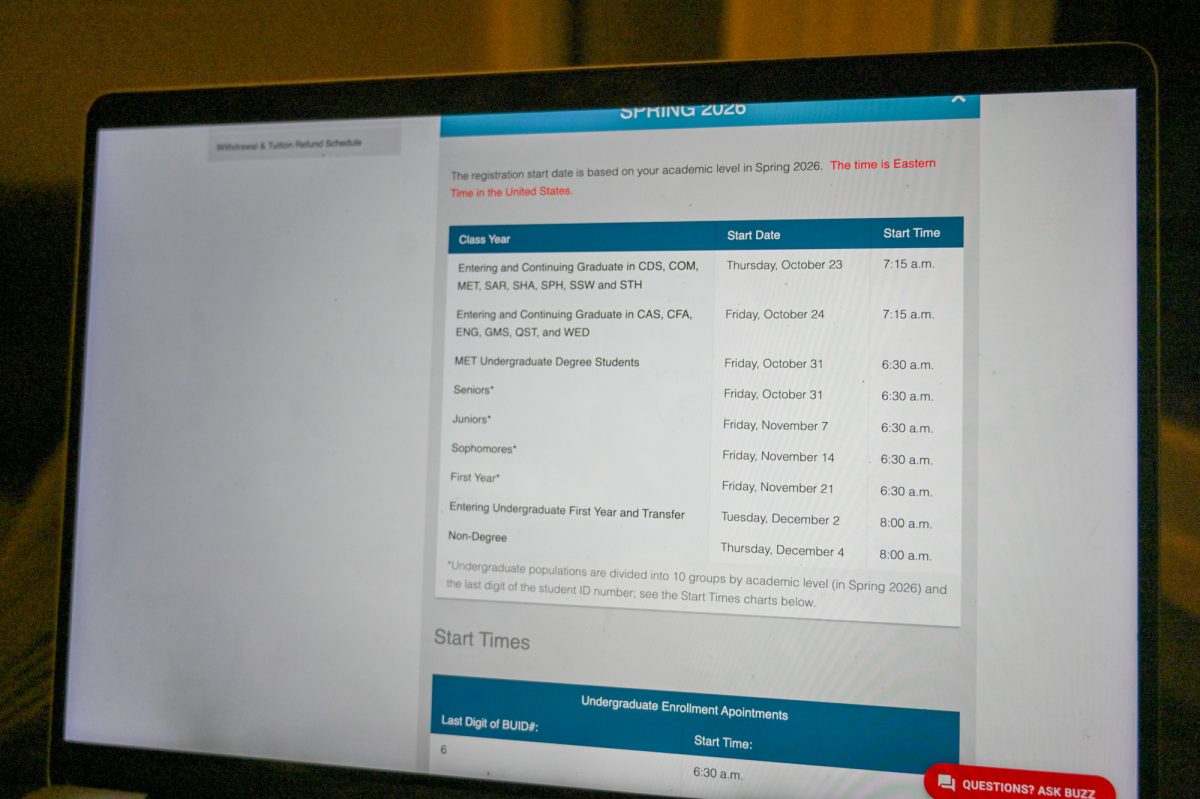 The Boston University class registration information page, detailing the schedule for students during the upcoming Spring 2026 registration system. Class registration will open on Friday mornings instead of Sunday mornings. 
