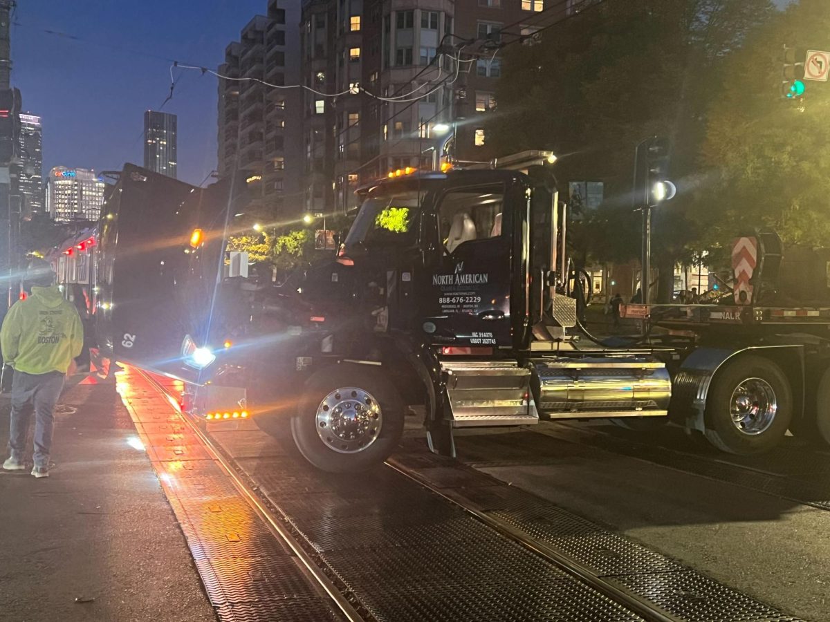 A broken down truck on the tracks of the MBTA Green Line between the Blandford Street and Boston University Central stops. Traffic momentarily stopped before a tow truck removed the truck from the scene.