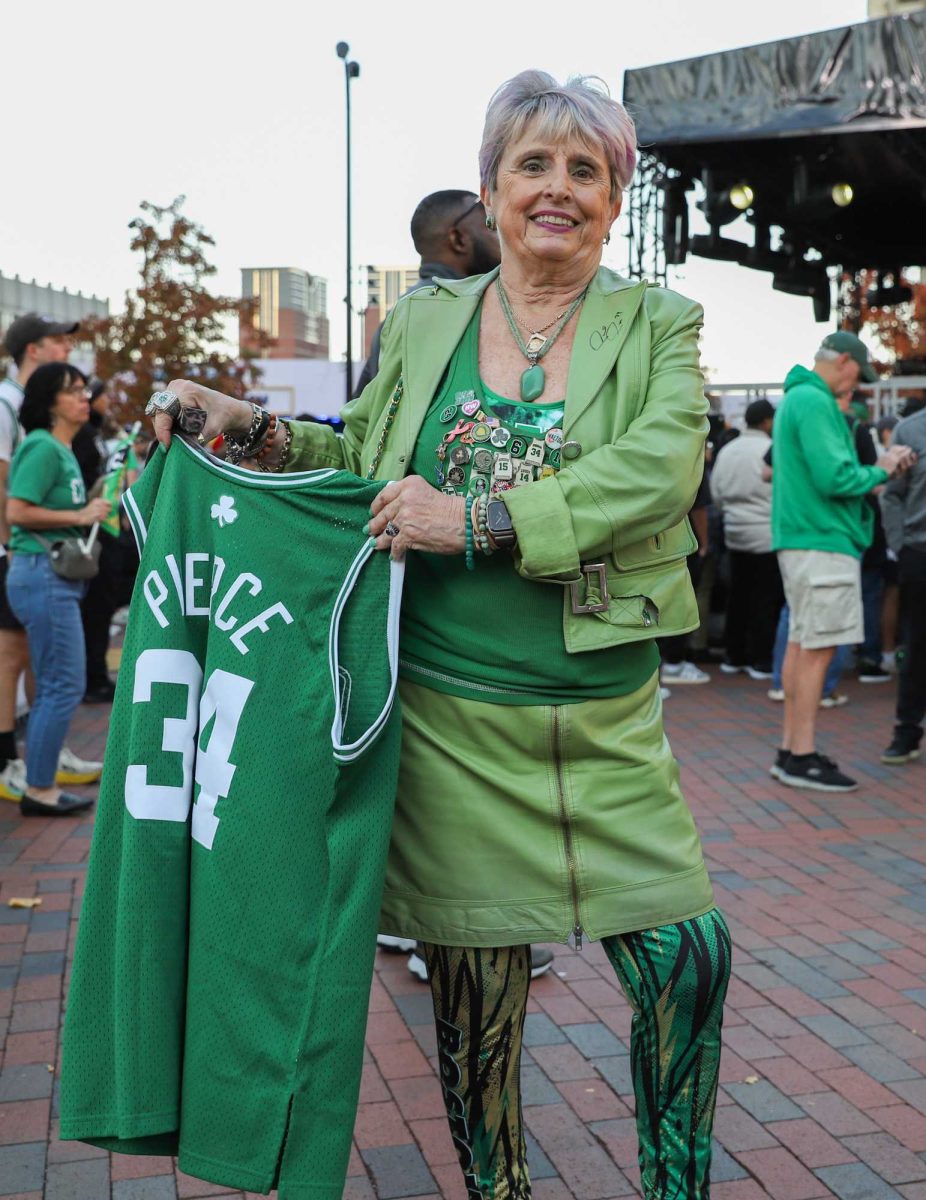 Agnes Nobile, also known as the “Celtics Queen,” holds a Paul Pierce jersey. The Celtics had their season opener at TD Garden on Oct. 22 against the Philadelphia 76’ers.