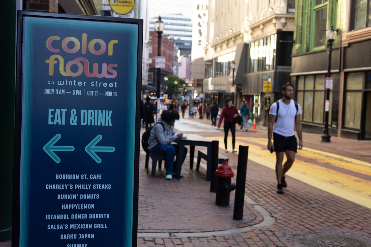 “Color Flows” on Winter Street in Downtown Crossing. The new initiative by Mayor Michelle Wu will bring food trucks, art installations and cultural events to Winter Street daily until Nov. 16. 