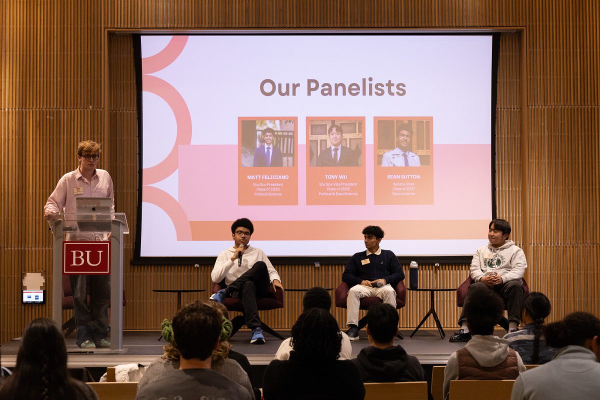 Sean Sutton (CAS ‘27), Matt Feliciano (CAS ‘26) and Tony Wu (CAS ‘26) spoke at Boston University’s second town hall of the fall semester. The panelists discussed the restructuring of the student government body as well as positions available within the group.