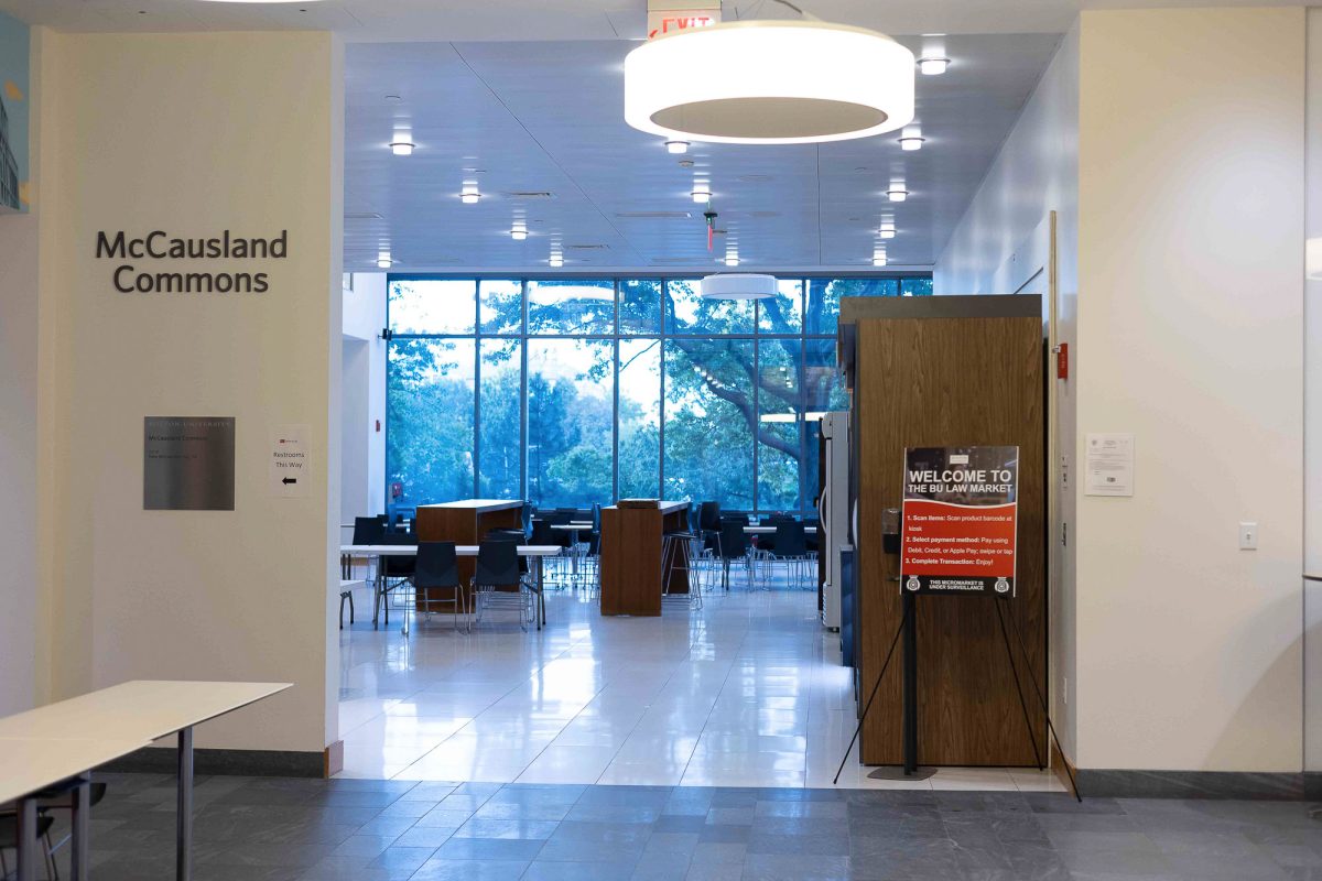 McCausland Commons in the Boston University School of Law building. The cafe has been closed and replaced with a new Micro Market that offers a variety of snacks and drinks. 
