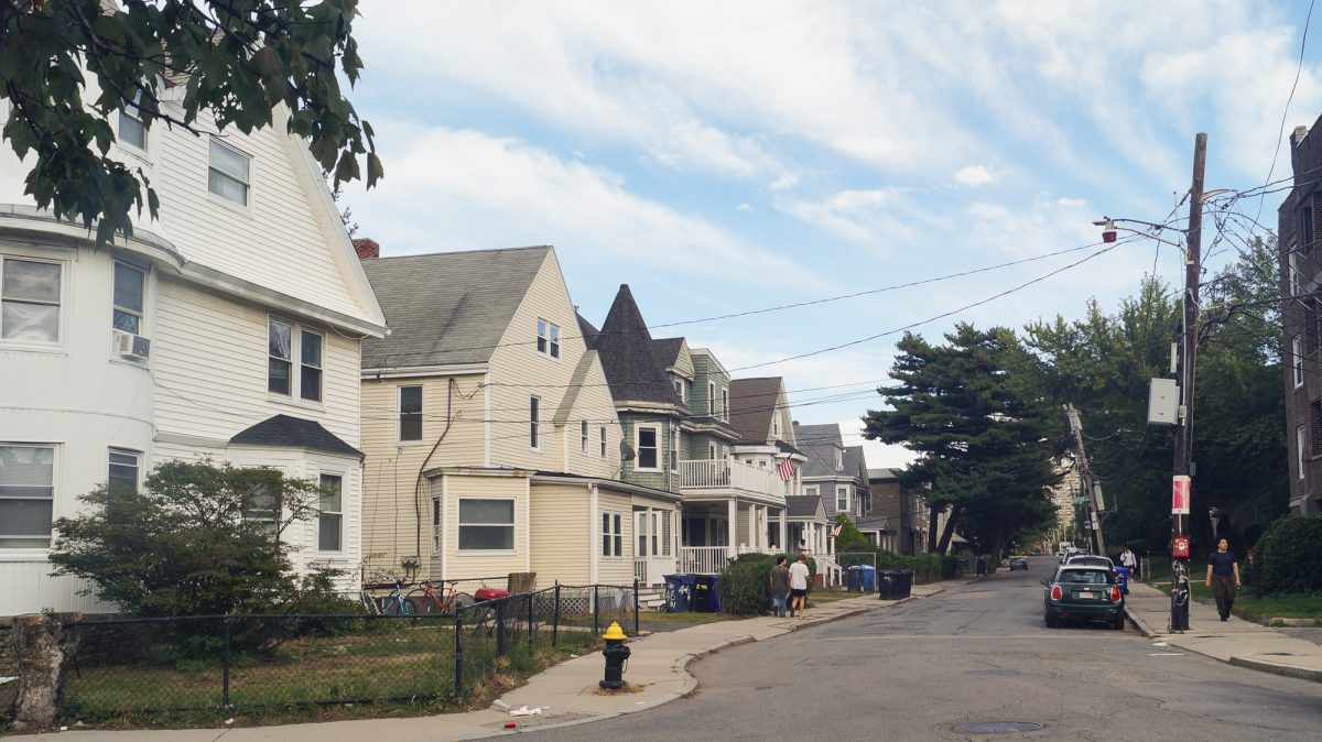 The corner of Ashford Street and Pratt Street in Allston. The two streets are home to many of Boston University’s fraternity houses. 