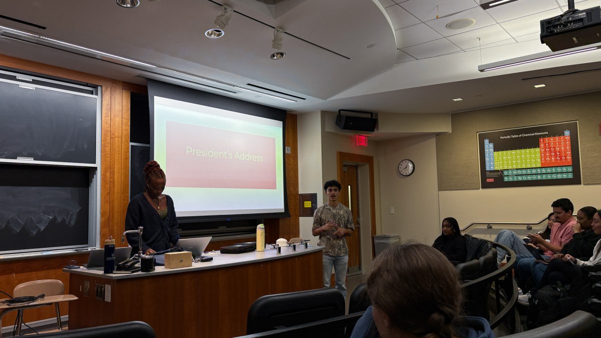 Boston University Student Government President Matthew Feliciano delivers the president’s address. The fourth meeting of the year was held Monday night, and the main topic of discussion was led by guest speaker Harvey Young, dean of the College of Fine Arts, on the future of arts at BU.