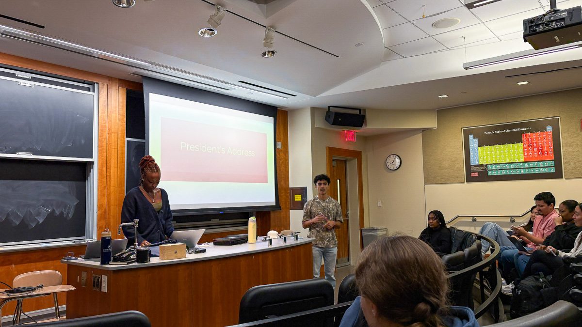 Boston University Student Government President Matthew Feliciano delivers the president’s address. The StuGov executive board BridgeToBU is focused on uniting the BU community by hosting a variety of events. 
