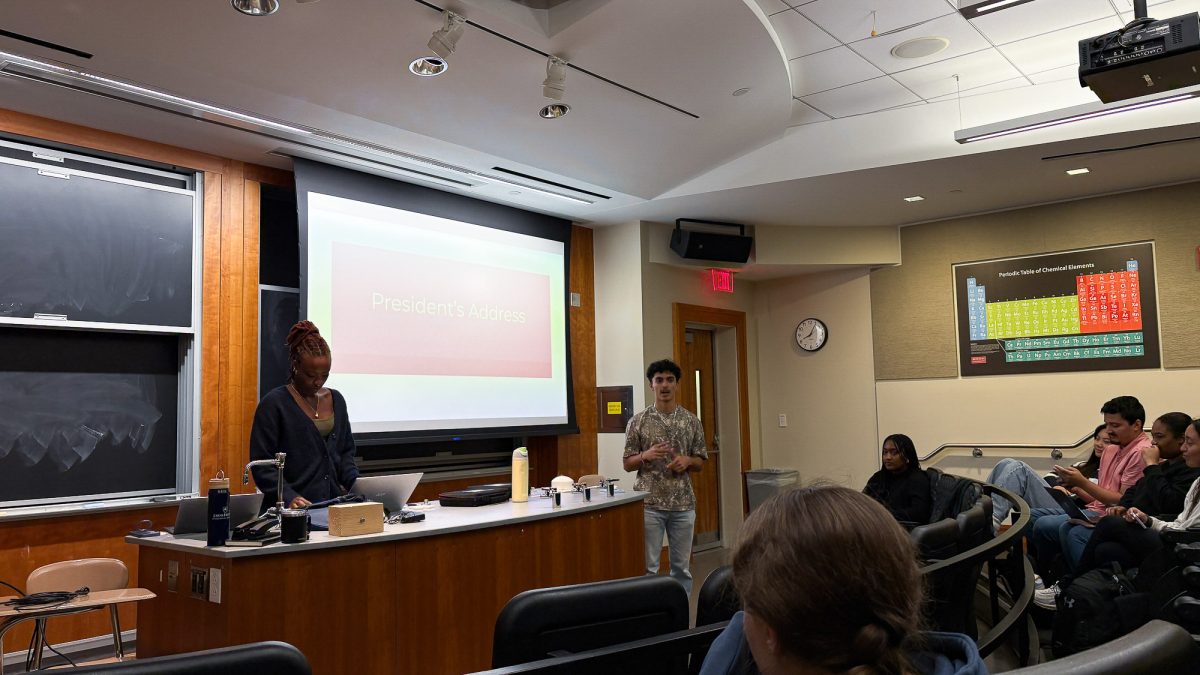 Boston University Student Government President Matthew Feliciano delivers the president’s address. StuGov met Monday night to discuss upcoming fall events and the resignation of College of General Studies Dean Natalie McKnight.