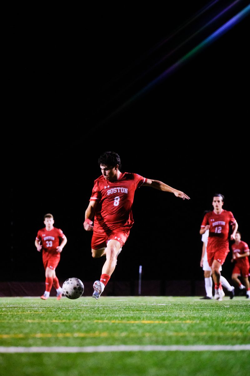 Sebastian Otero (QST 29’) goes in to strike the ball. Boston University won 3-2 against Harvard on Tuesday. 