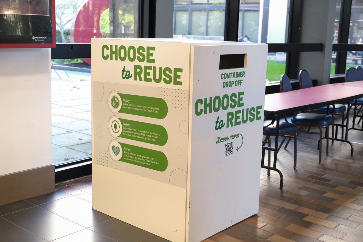 “Choose to Reuse” bin in the George Sherman Union at Boston University. The initiative was launched in early 2023, where students are given reusable to-go containers, which are placed in the bin after use. 