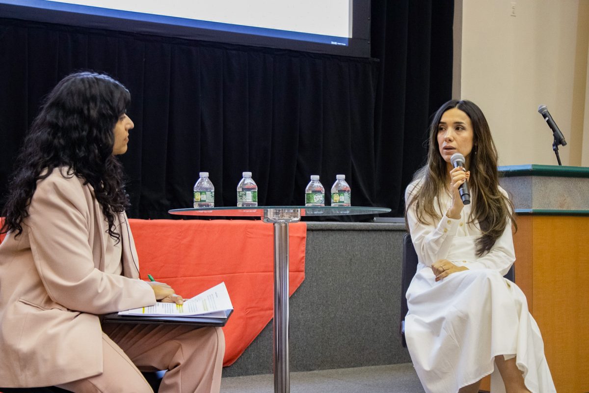 Nobel Peace Prize laureate and human rights activist Nadia Murad speaks to Pardee School of Global Studies professor, Noora Lori. Murad discussed her fight against genocide and how religion is used to justify violence at the Pardee School of Global Studies’ inaugural Shahpari Zanganeh lecture Wednesday.
