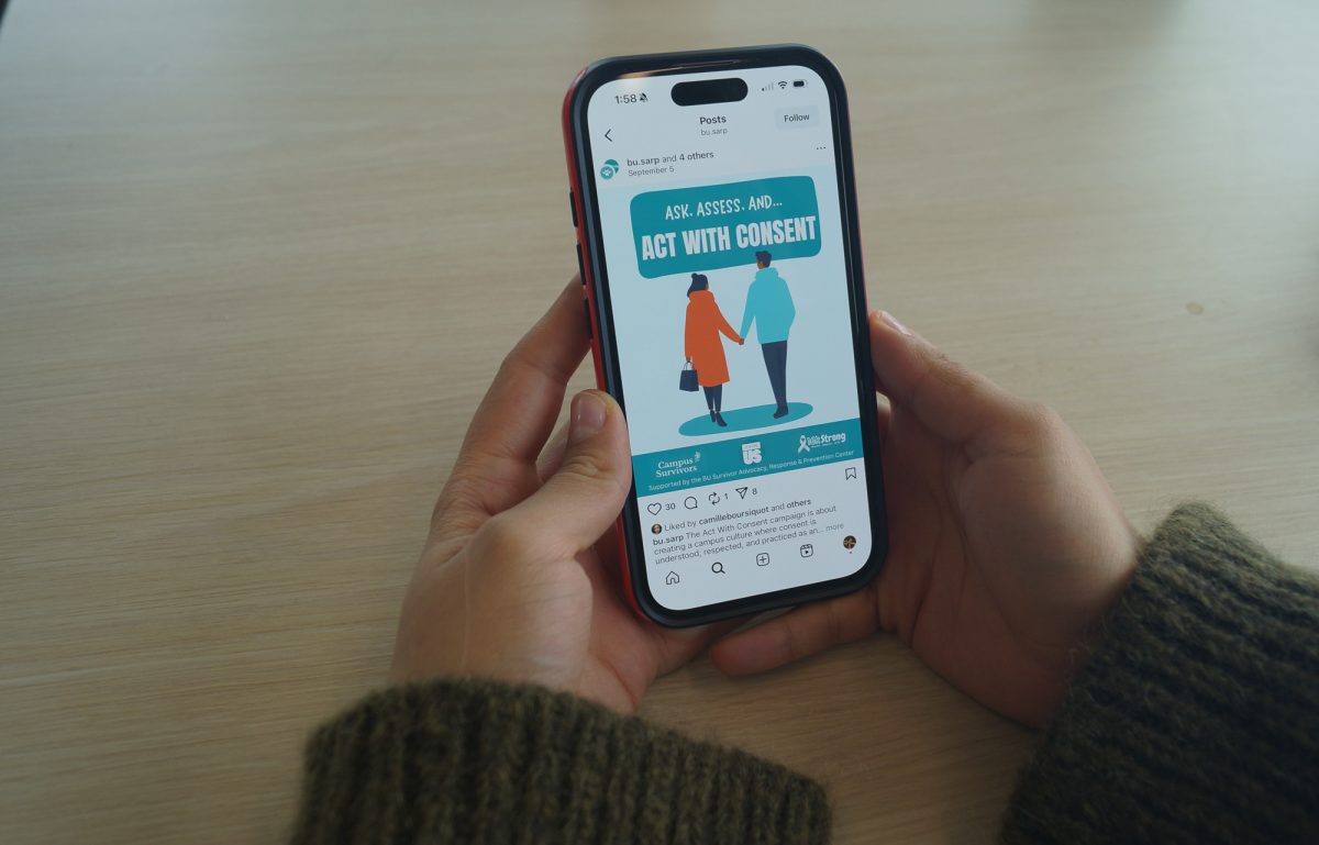 A student viewing the “Act With Consent” Instagram post from Boston University’s Survivor Advocacy Response and Prevention Center. Along with SARP, the campaign is a combined initiative with  BU Campus Survivors, It’s on Us and 16K Strong.