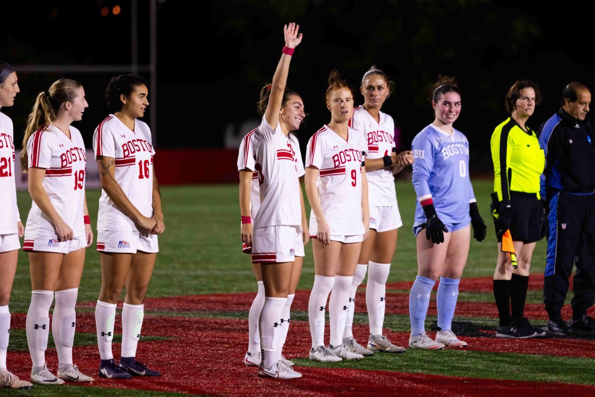 Senior midfielder Giulianna Gianino waves to the crowd as she is announced as a part of the Terrier's starting lineup. BU played Lafayette in the Patriot League semifinals and won 1-0.