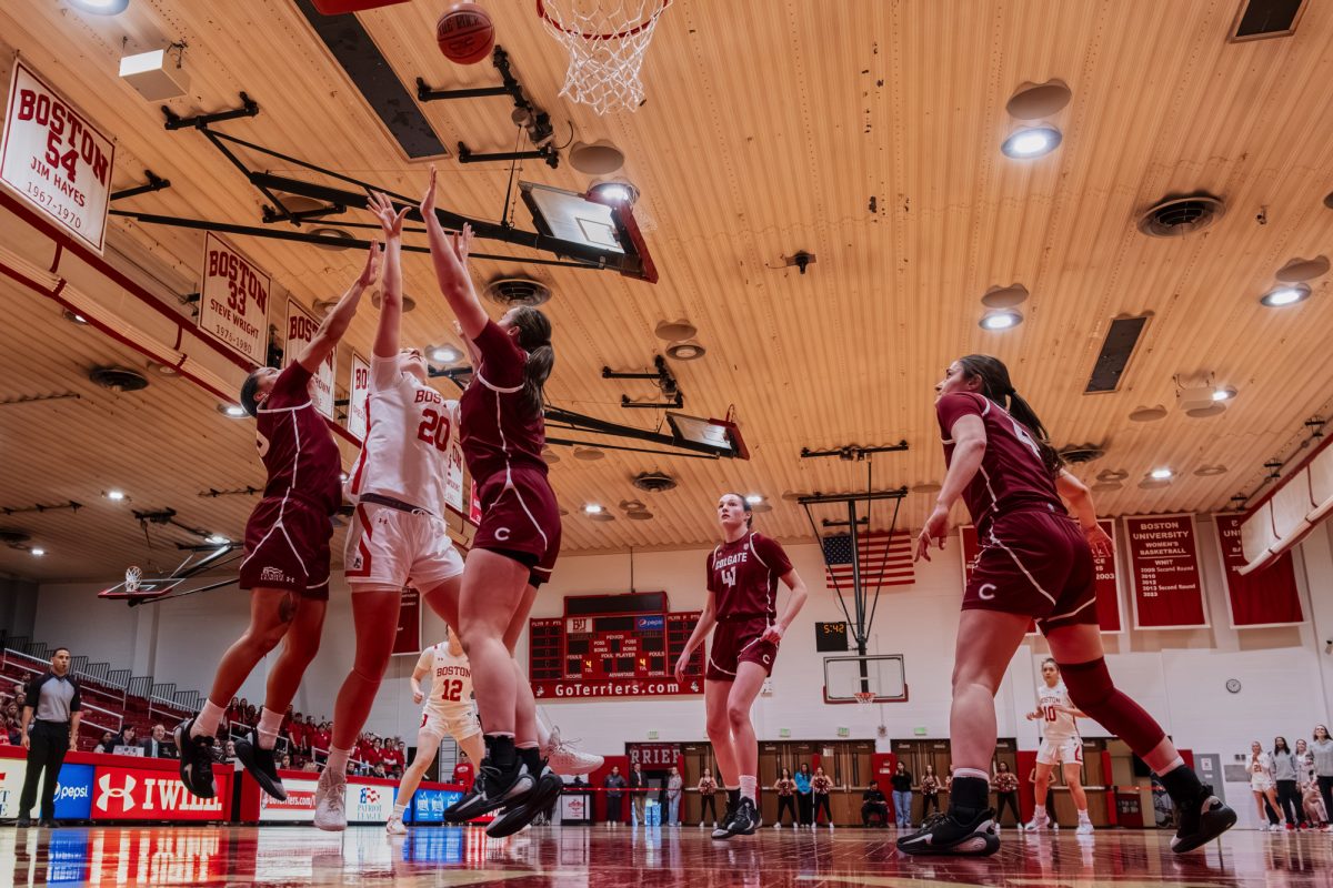 Senior forward Anete Adler (20) fights to tip in the basketball. Boston University’s women’s basketball team bested the Colgate University Raiders 58-54 in a conference matchup on Jan. 24.