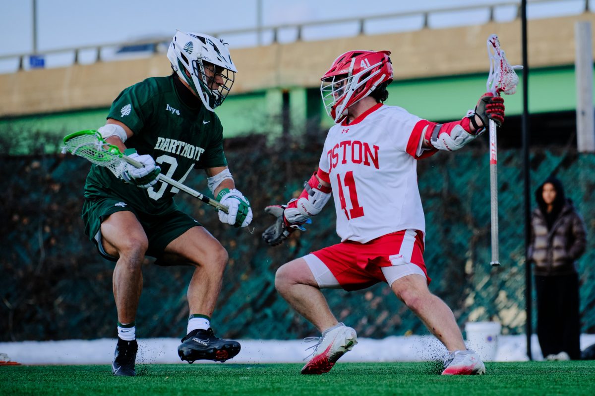 Freshman attack Peyton Forte (41) in a game against Dartmouth Sunday. The Boston University men’s lacrosse team won 13-5. 