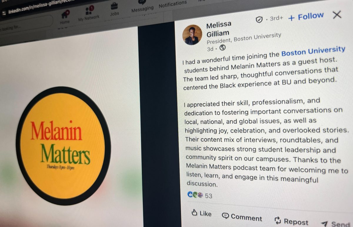 Boston University President Melissa Gilliam’s LinkedIn post about guest-hosting the WTBU show Melanin Matters. The since taken-down message was disputed by the show’s hosts, who say Gilliam rescheduled her appearance to the end of April.