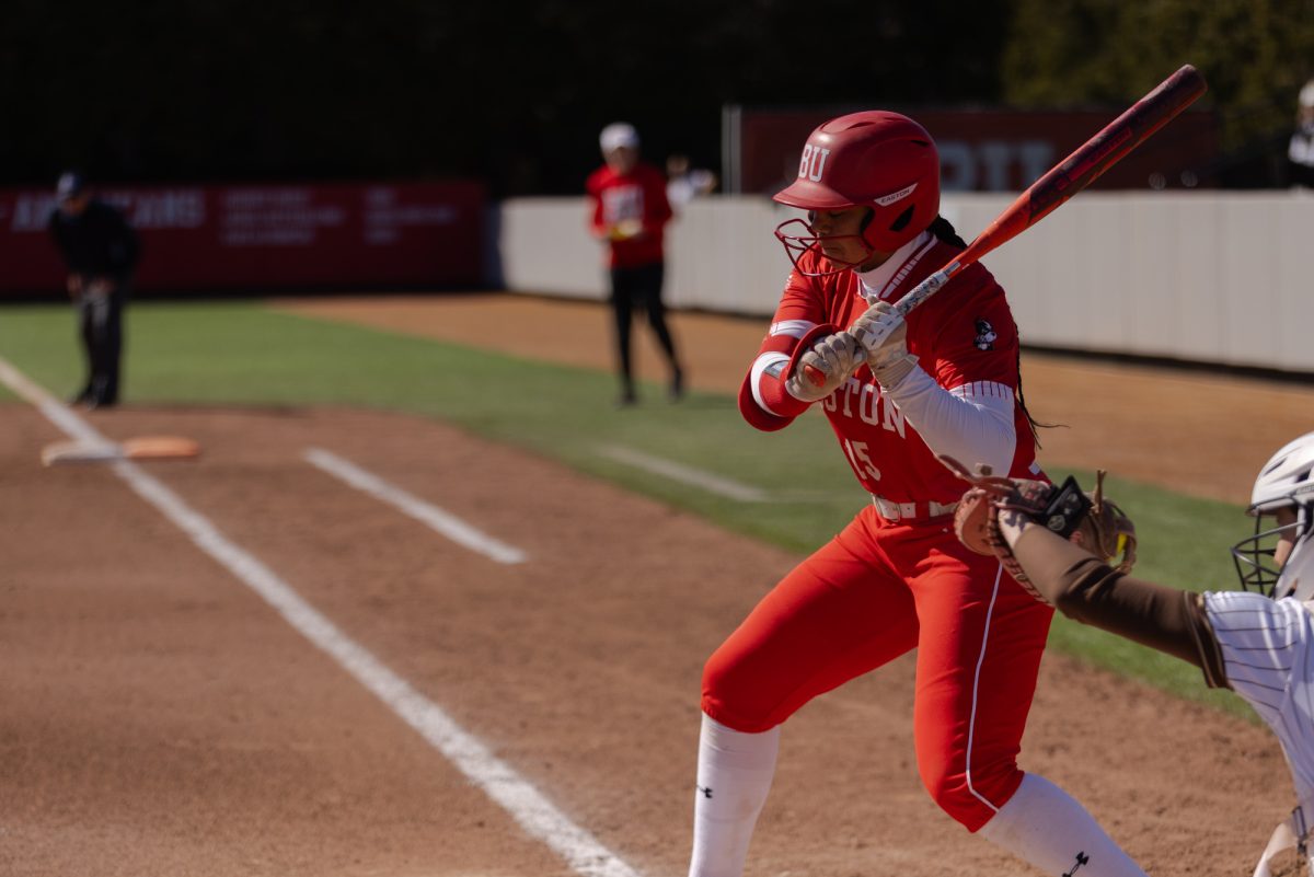 Freshman utility player Irys Kline (15) prepared to bat. After a 6-3 win to open the weekend series with the Lehigh University Mountain Hawks, the BU softball team split the doubleheader with a 4-0 win and then a 3-0 loss.