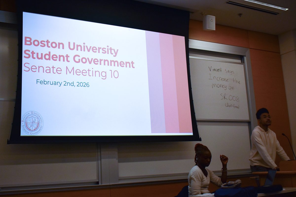 Senate Chief of Staff Helen Osunsanya and Senate Chair Sean Sutton lead a Student Government Senate Meeting on Feb. 2. Senate Chief of Staff Helen Osunsanya and Senate Chair Sean Sutton lead a Student Government Senate Meeting on Feb. 2. The group passed a proposal to consider increasing Boston University’s community service fee at their meeting on March 16.