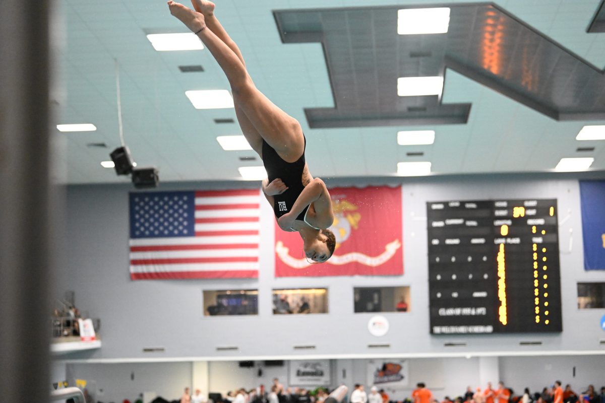 Alayna Kennedy dives in the Patriot League Championship meet. Kennedy swept the diving titles at this year’s championship meet, winning both the 1-meter and 3-meter as a freshman, the first in program history.