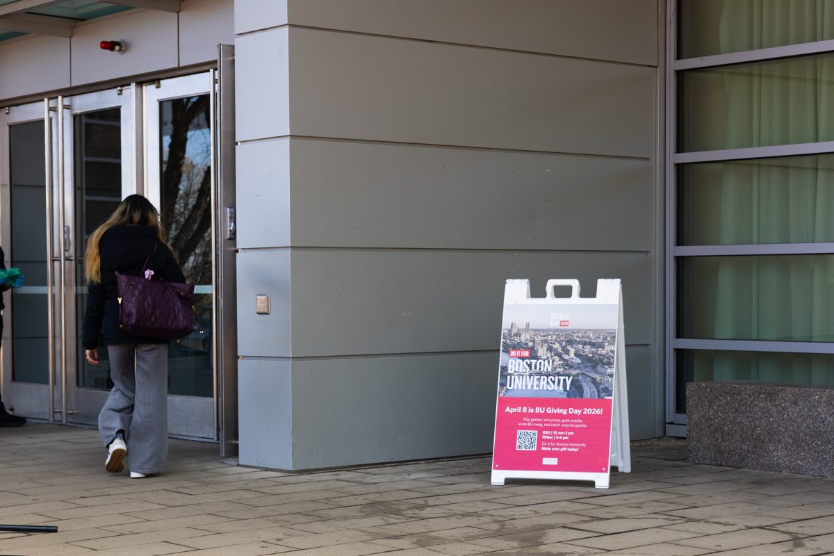 A sign promotes Giving Day outside of Student Village 2. This year, Boston University raised $5.1 million, setting a new fundraising record, even with several recent on-campus controversies.