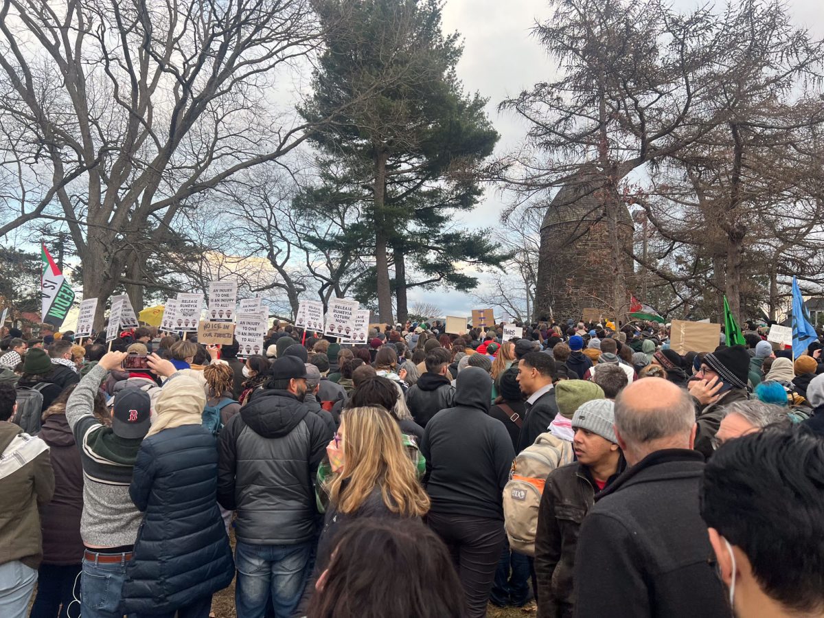People gather at a park in Somerville on March 25, 2026 to protest Rümeysa Öztürk’s detainment by ICE agents. Öztürk has since returned to Turkey, her home country, after completing her PhD at Tufts University.