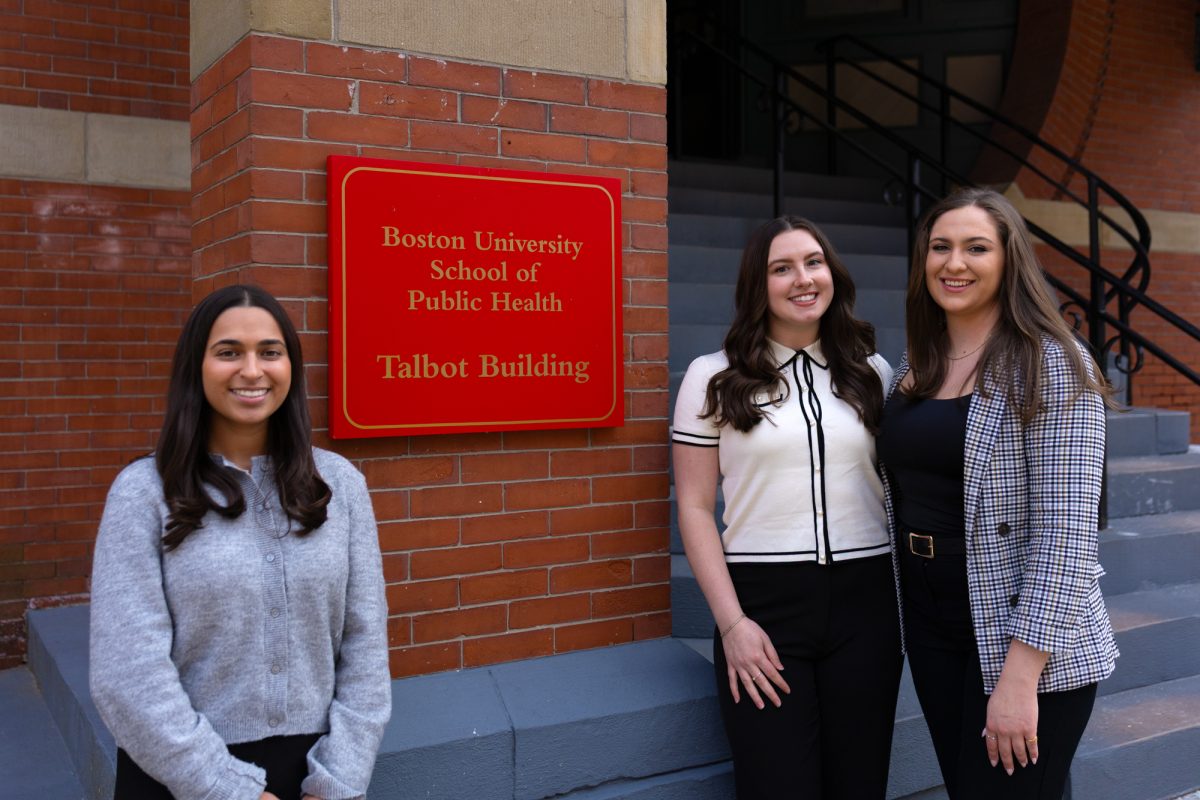 Graduate students at the Boston University Public Health Remy Mosaheb, Olivia Glass and Emily Reed. The students designed NeuroDoC, an AI chatbot that aims to help clinicians.