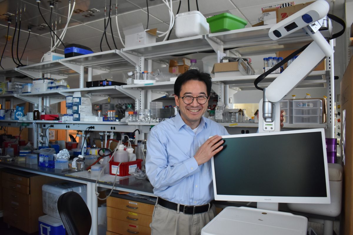 Engineering professor Ji-Xin Cheng at the Boston University Photonics building. Cheng was named a member of the 2025 Fellows for the National Academy of Inventors for his work in chemical microscopy.