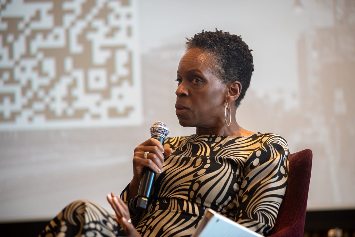 Boston University President Melissa Gilliam answers students’ questions at a Student Government town hall meeting on April 6. Gilliam announced a temporary pause on the university’s outward-facing signage policy in an email sent out earlier that day.