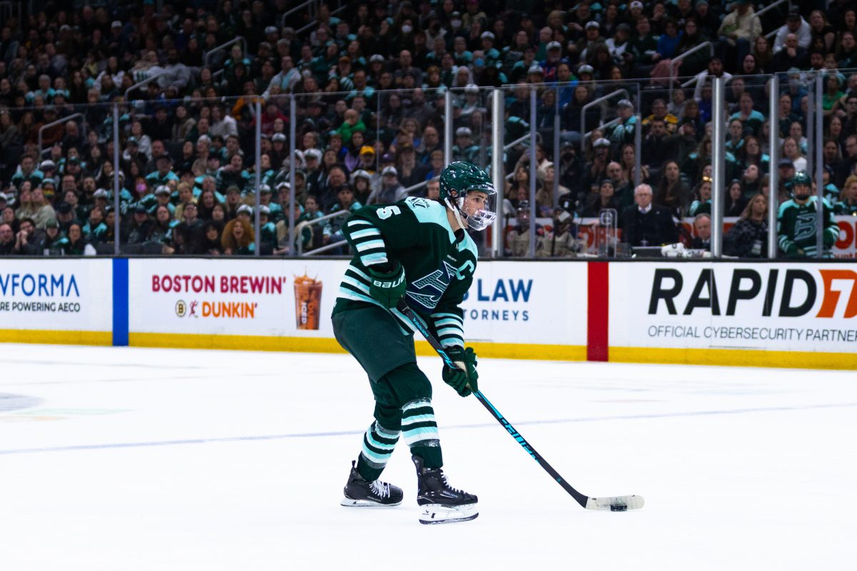 Defender Megan Keller moves the puck along the point during the Boston Fleet’s April 11 game against the Montreal Victoire. The Fleet lost 3-1 to the Ottawa Charge in the second game of their best-of-five semifinal series May 2.