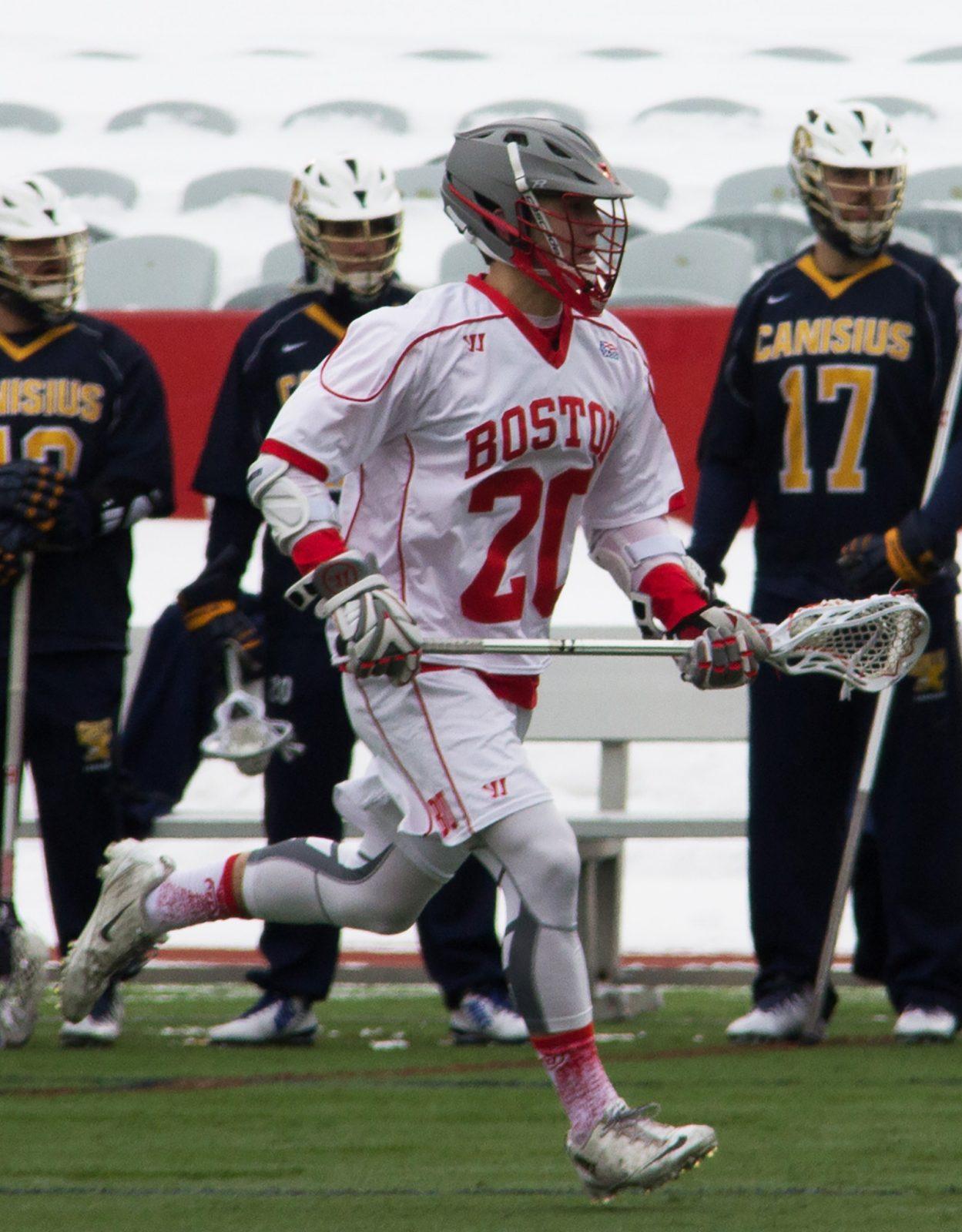 Faceoff specialist Joe Stucky has improved every game in the faceoff X filling in for Sam Talkow. PHOTO BY ALEXANDRA WIMLEY/ DAILY FREE PRESS STAFF