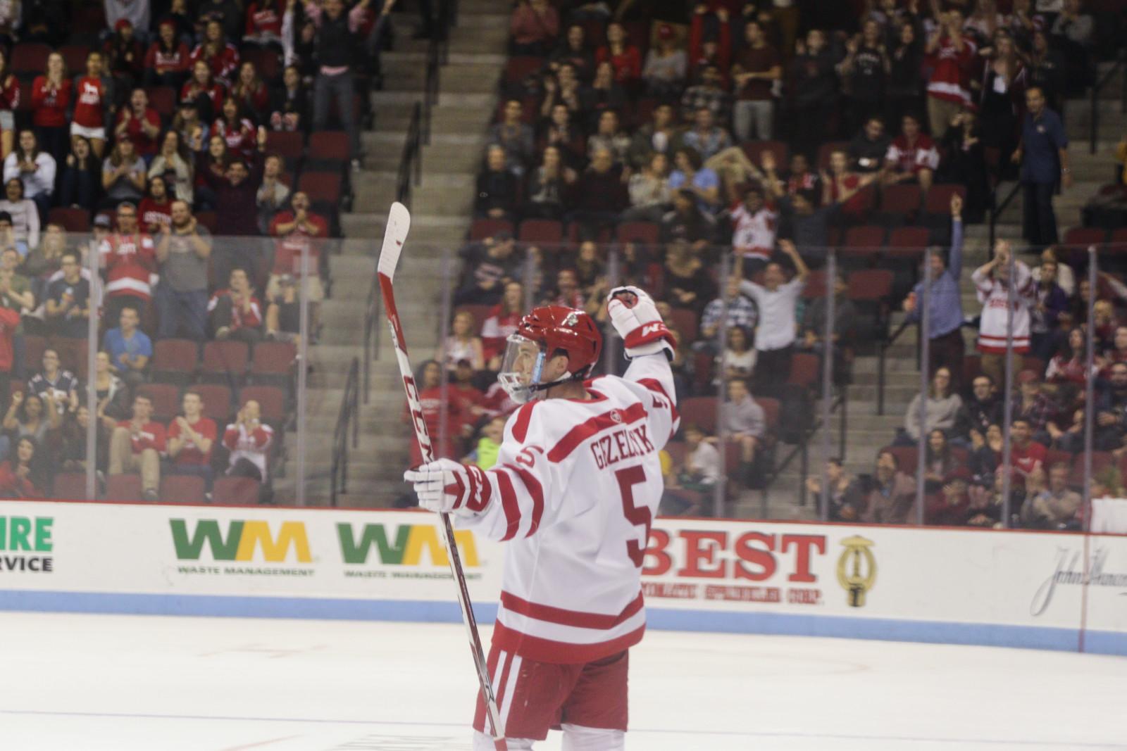 Senior captain Matt Grzelcyk had a goal and an assist in his first game with BU this season. 
PHOTO BY JUSTIN HAWK/DAILY FREE PRESS STAFF