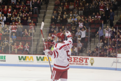 Senior captain Matt Grzelcyk had a goal and an assist in his first game with BU this season. PHOTO BY JUSTIN HAWK/DAILY FREE PRESS STAFF
