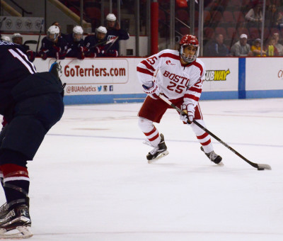Sophomore defenseman Brandon Fortunato finished with a minus-4 against the USNTDP on Friday night. PHOTO BY FALON MORAN/DAILY FREE PRESS STAFF