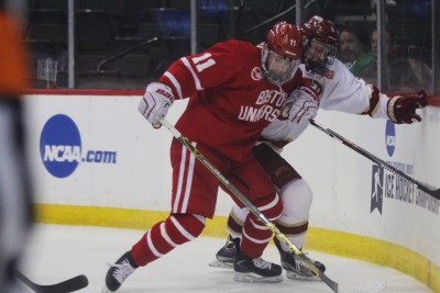 Senior Mike Moran scored in his final game with BU, a 7-2 loss against Denver in the NCAA Tournament. PHOTO BY JUDY COHEN/DAILY FREE PRESS STAFF