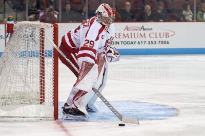 Freshman goaltender Jake Oettinger and his 1.42 goals against average will look to stymie the Northeastern attack. PHOTO BY MADDIE MALHOTRA/ DFP FILE PHOTO 