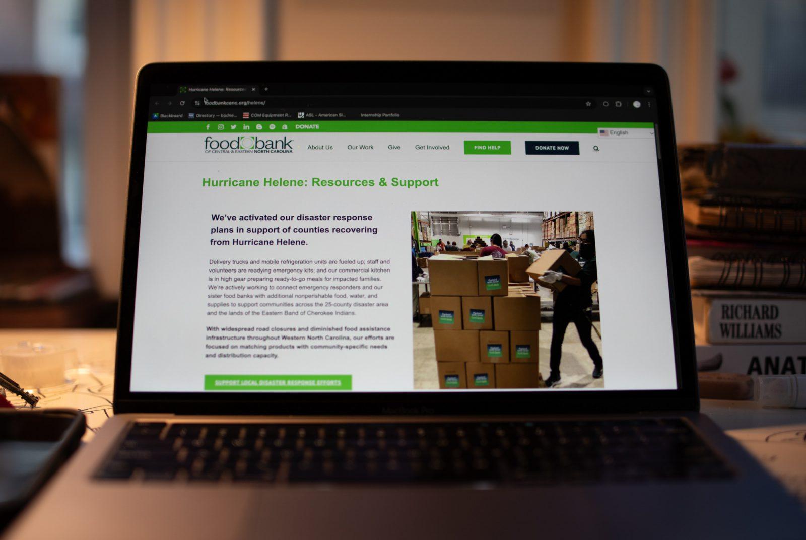 The Food Bank of Central and Eastern North Carolina’s Hurricane Helene resources and support page. Boston University students organized a crowdfunding campaign called Feeding NC for a class to support North Carolina residents affected by Hurricane Helene. ZACH SCHWARTZ/DFP PHOTOGRAPHER
