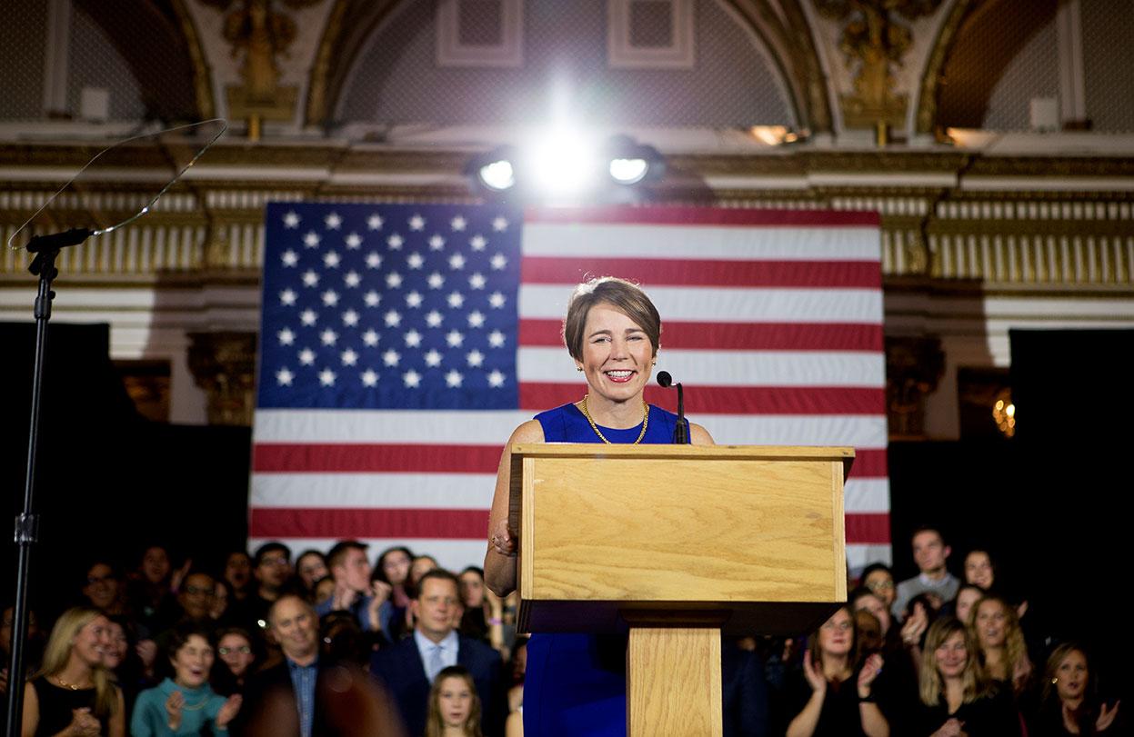 Democratic Massachusetts Attorney General Maura Healey speaks at the Democrats’ watch party after winning another term Tuesday. OLIVIA FALCIGNO/ DAILY FREE PRESS STAFF
