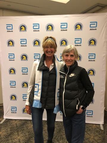 Darlene Corkrum and marathon legend Joan Benoit Samuelson at an Abbott World Marathon Majors event on Saturday. Corkrum ran her 30th marathon Monday in Boston. COURTESY OF DARLENE CORKRUM
