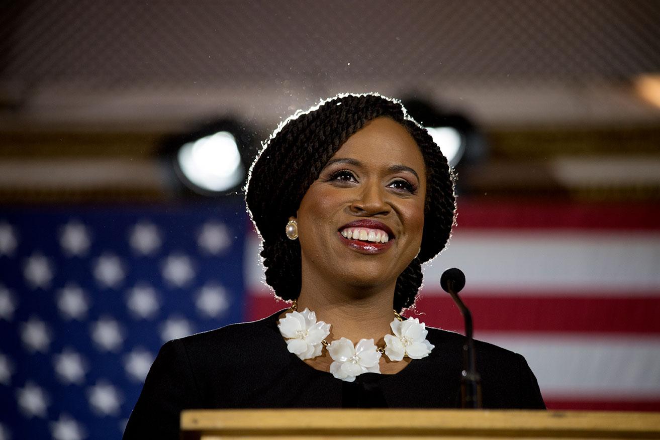 Newly-elected Rep. Ayanna Pressley celebrates her historic victory with supporters Tuesday night. OLIVIA FALCIGNO/ DAILY FREE PRESS