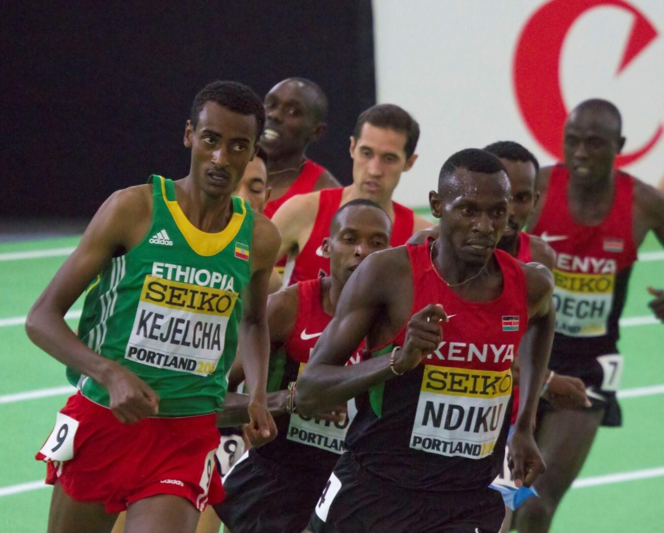 Yomif Kejelcha (in green) during the 2016 IAAF World Indoor Championships in Portland. Kejelcha, an Ethiopian distance runner, broke the world record in the men's indoor mile on Sunday at Boston University. COURTESY OF WIKIMEDIA COMMONS 