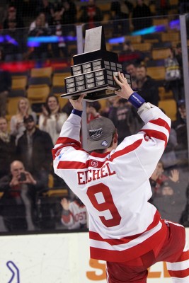 Jack Eichel holds the trophy after his team won the 2015 Hockey East Championship. PHOTO BY MAYA DEVEREAUX/DAILY FREE PRESS STAFF