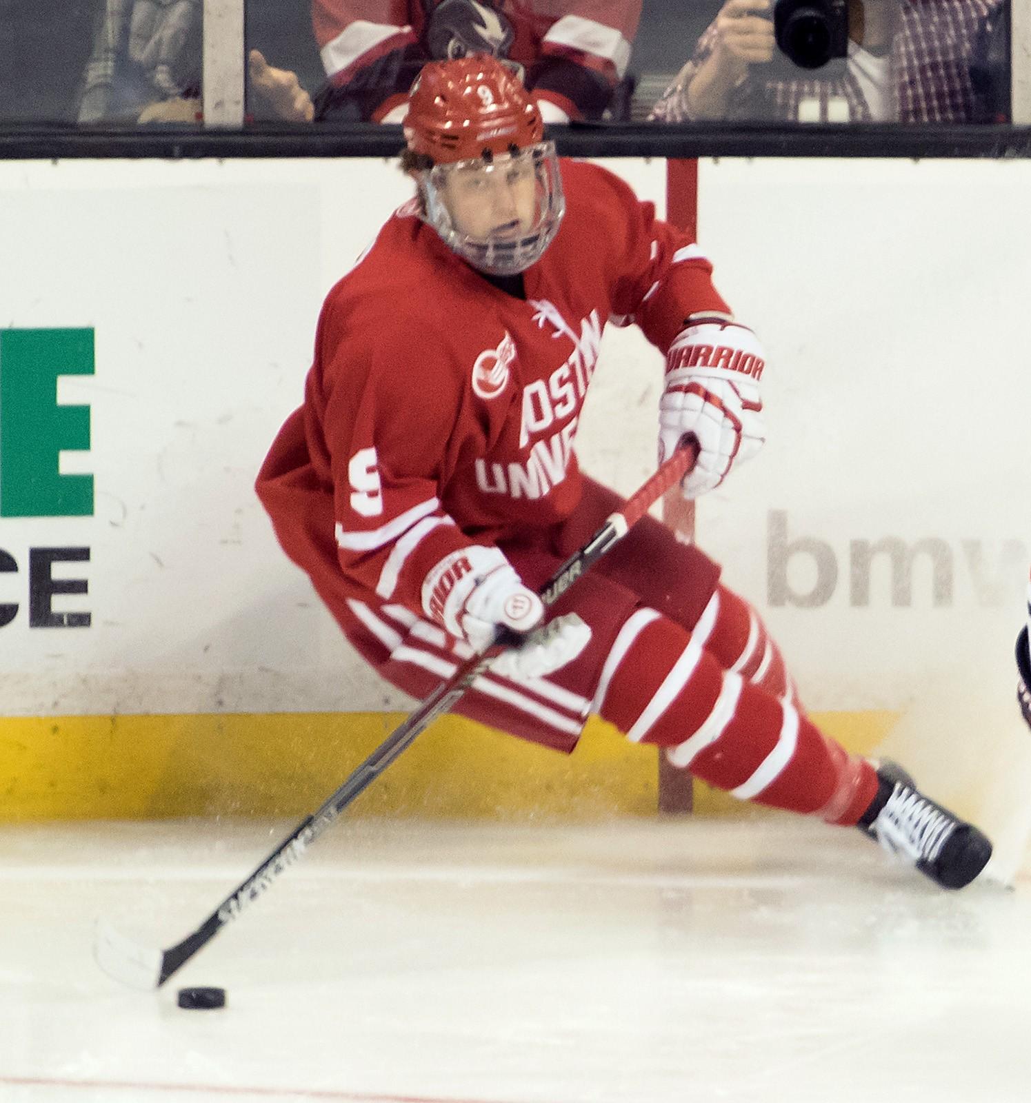 Freshman Jack Eichel notched three assists in BU's 5-0 Hockey East quarterfinal win over Merrimack College on Saturday. 
PHOTO BY JUSTIN HAWK/DFP FILE PHOTO